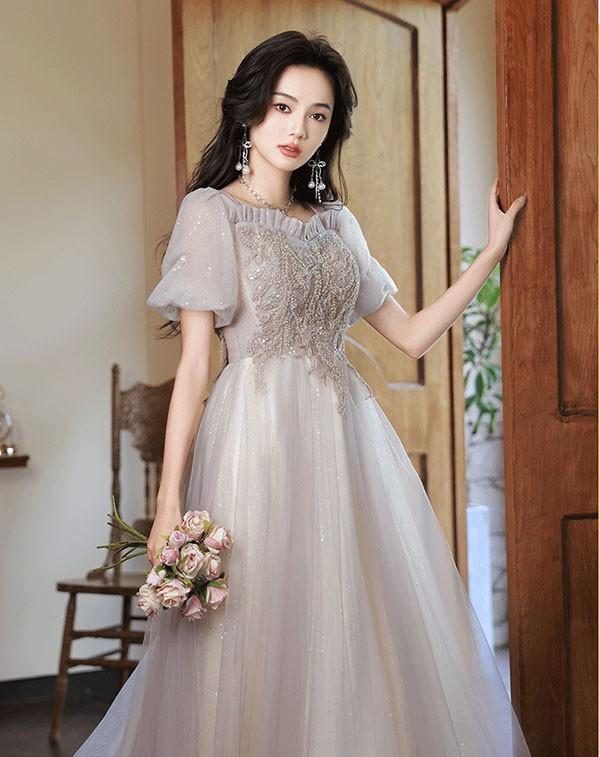 ドレス 大人 ピアノ 発表会 ロングドレス ミモレ丈ドレス 母親 結婚式 バブルスリーブ 半袖 可愛い 成人式ドレス 演奏会用ドレス 二次会 フォーマル 披露宴 ワンピース Aライン パーティードレス イブニングドレス グレー_1
