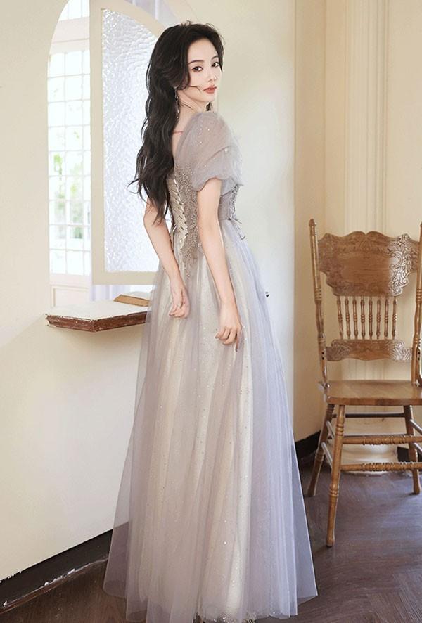 ドレス 大人 ピアノ 発表会 ロングドレス ミモレ丈ドレス 母親 結婚式 バブルスリーブ 半袖 可愛い 成人式ドレス 演奏会用ドレス 二次会 フォーマル 披露宴 ワンピース Aライン パーティードレス イブニングドレス グレー_3