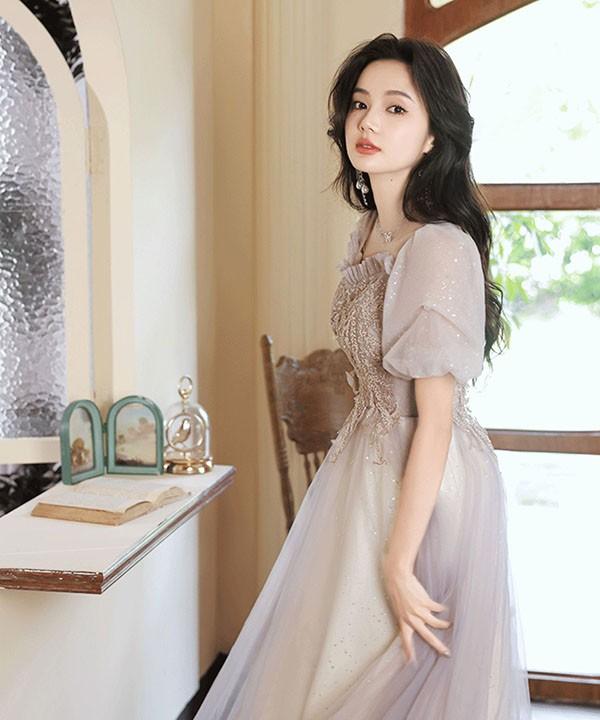 ドレス 大人 ピアノ 発表会 ロングドレス ミモレ丈ドレス 母親 結婚式 バブルスリーブ 半袖 可愛い 成人式ドレス 演奏会用ドレス 二次会 フォーマル 披露宴 ワンピース Aライン パーティードレス イブニングドレス グレー_4