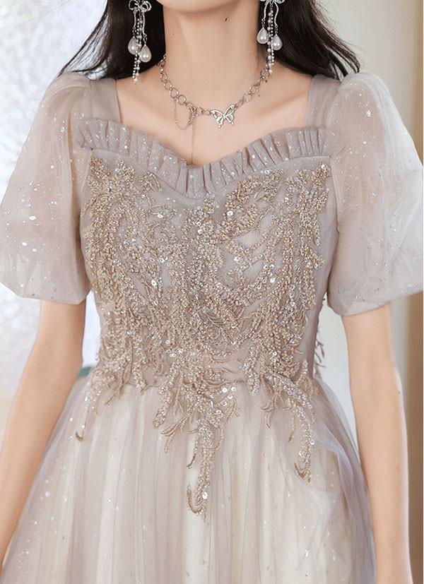 ドレス 大人 ピアノ 発表会 ロングドレス ミモレ丈ドレス 母親 結婚式 バブルスリーブ 半袖 可愛い 成人式ドレス 演奏会用ドレス 二次会 フォーマル 披露宴 ワンピース Aライン パーティードレス イブニングドレス グレー_7