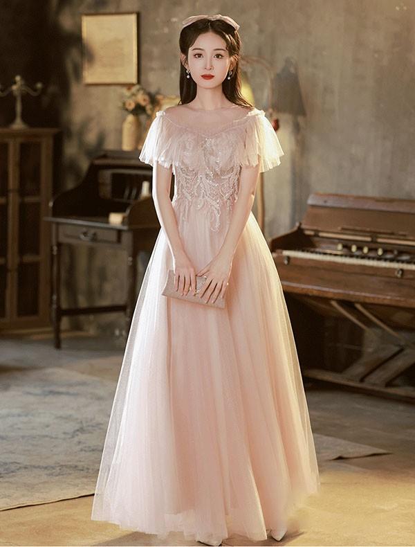 ドレス 大人 ピアノ 発表会 ロングドレス ミモレ丈ドレス 母親 結婚式 バブルスリーブ 半袖 可愛い 成人式ドレス 演奏会用ドレス 二次会 フォーマル 披露宴 ワンピース Aライン パーティードレス イブニングドレス ピンク_5