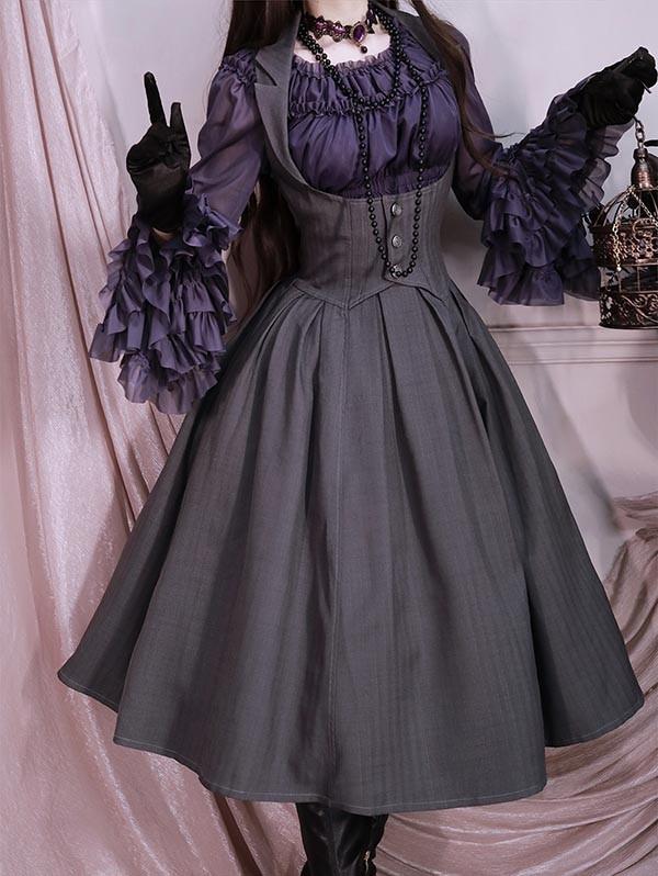 ロリータ ワンピース ホルターネック ジャンパースカート シャツ追加可 レディース ロング ジャンスカ lolita フレアスカート イギリス風 可愛い 大人 グリーン グレー S M L XL 2XL cm069t2t2l9_5
