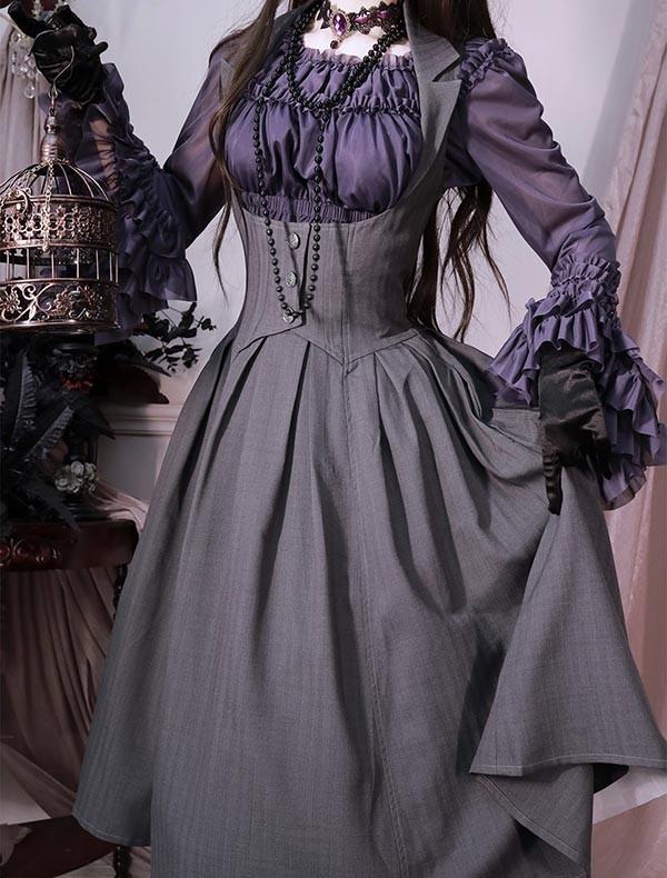 ロリータ ワンピース ホルターネック ジャンパースカート シャツ追加可 レディース ロング ジャンスカ lolita フレアスカート イギリス風 可愛い 大人 グリーン グレー S M L XL 2XL cm069t2t2l9_6
