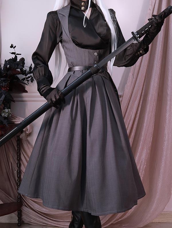 ロリータ ワンピース ホルターネック ジャンパースカート シャツ追加可 レディース ロング ジャンスカ lolita フレアスカート イギリス風 可愛い 大人 グリーン グレー S M L XL 2XL cm069t2t2l9_7