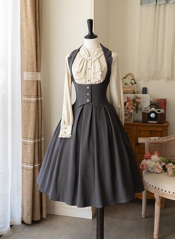 ロリータ ワンピース ホルターネック ジャンパースカート シャツ追加可 レディース ロング ジャンスカ lolita フレアスカート イギリス風 可愛い 大人 グリーン グレー S M L XL 2XL cm069t2t2l9_8