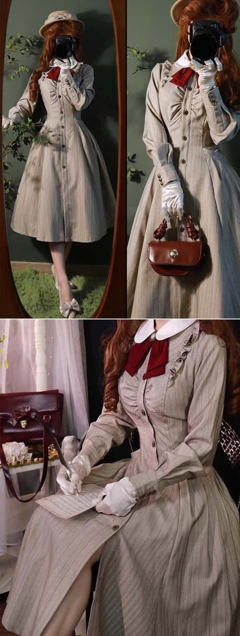 ロリータ ワンピース レディース ロング lolita フレアスカート イギリス風 可愛い 大人 ブラウン ブラック グリーン ベージュ グレー S M L XL 2XL cm071t2t2l9_8