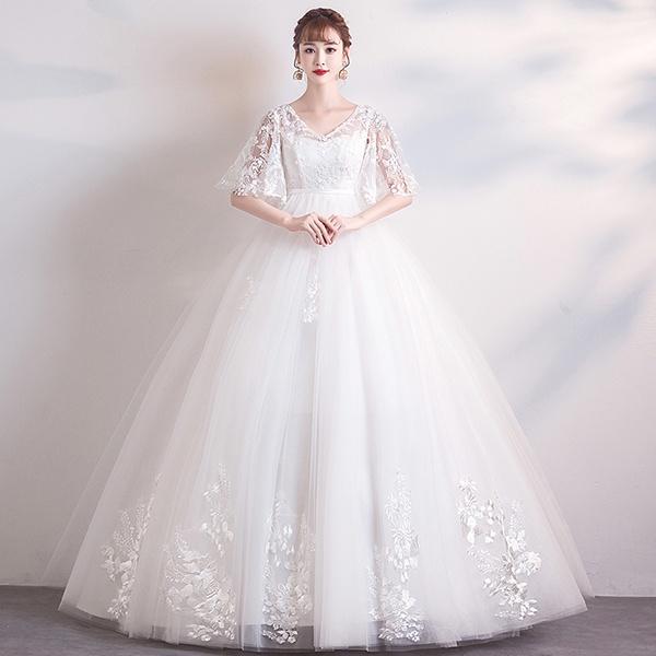 【送料無料】花嫁 ウェディングドレス ハイウエスト 妊婦もOK 大きいサイズ 袖あり Vネック 着痩せ ぽっちゃり 結婚式 二次会 ドレス 締め上げタイプ レース ロングドレス ウエディングドレス 撮影用 3L 4L 5L