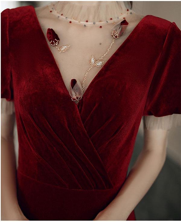 送料無料】ドレス 大人 ピアノ 発表会 vネック 袖付き ベルベット