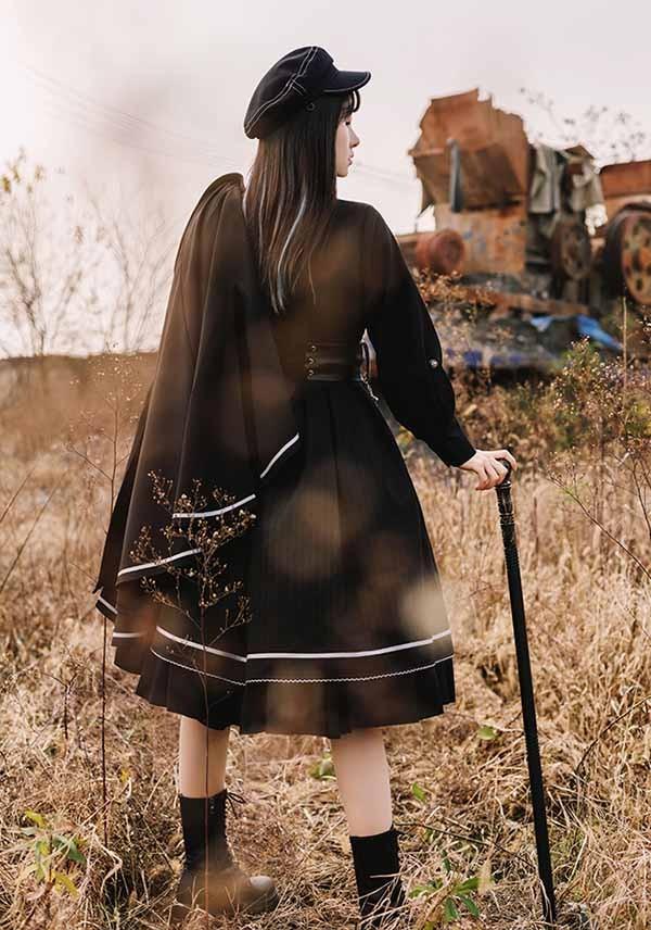 【送料無料】ロリータ ゴシック ゴスロリ ワンピース Aライン Lolita 長袖 黒 可愛い かっこいい ミモレ丈 マント追加可 レディース コスチューム 仮装 cos ハロウィン 学園祭 文化祭_8