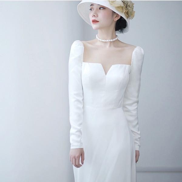 【送料無料】ウェディングドレス ファスナー 長袖 シンプル 白ドレス ワンピース 花嫁 結婚式 二次会 披露宴 前撮り 後撮り 撮影用 ビーチフォト フォトウェディング 小さいサイズ_1
