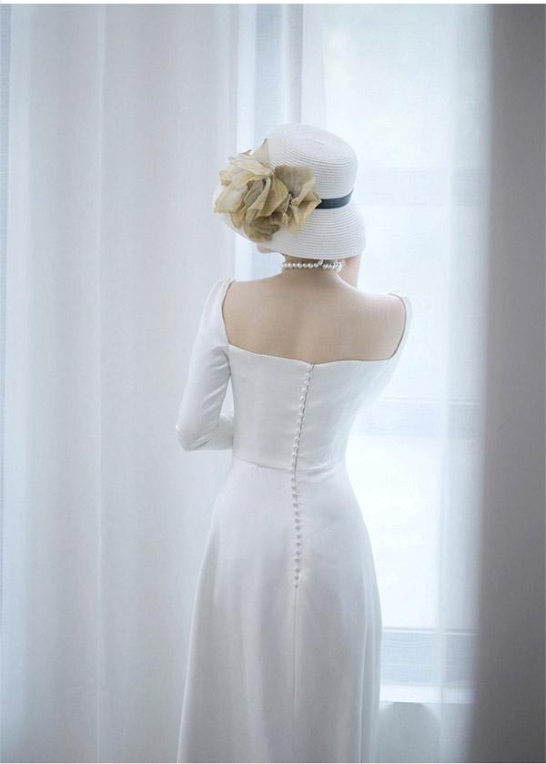 【送料無料】ウェディングドレス ファスナー 長袖 シンプル 白ドレス ワンピース 花嫁 結婚式 二次会 披露宴 前撮り 後撮り 撮影用 ビーチフォト フォトウェディング 小さいサイズ_5