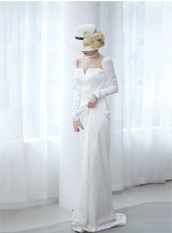 【送料無料】ウェディングドレス ファスナー 長袖 シンプル 白ドレス ワンピース 花嫁 結婚式 二次会 披露宴 前撮り 後撮り 撮影用 ビーチフォト フォトウェディング 小さいサイズ_6