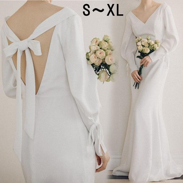 【送料無料】ウェディングドレス ファスナー 長袖 Vネック シンプル マーメイドライン 白ドレス ワンピース 花嫁 結婚式 二次会 披露宴 前撮り 後撮り 撮影用 ビーチフォト