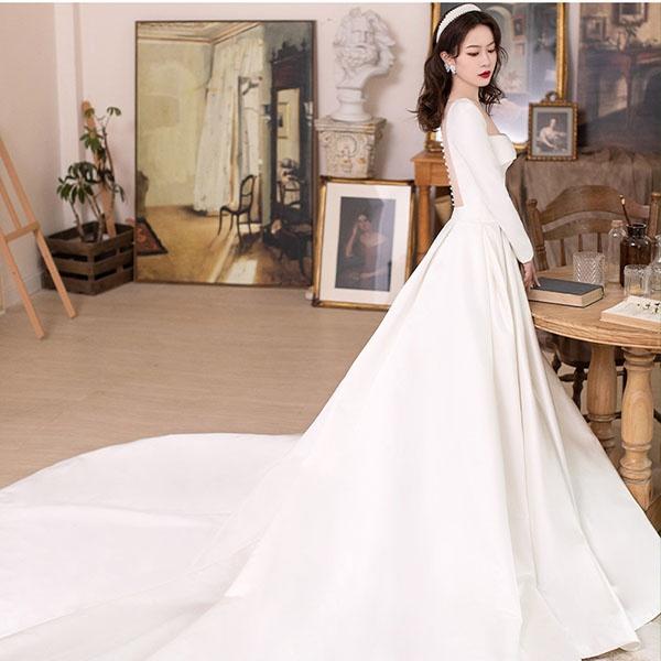 送料無料】花嫁 ウェディングドレス ファスナー 長袖 シンプル 白