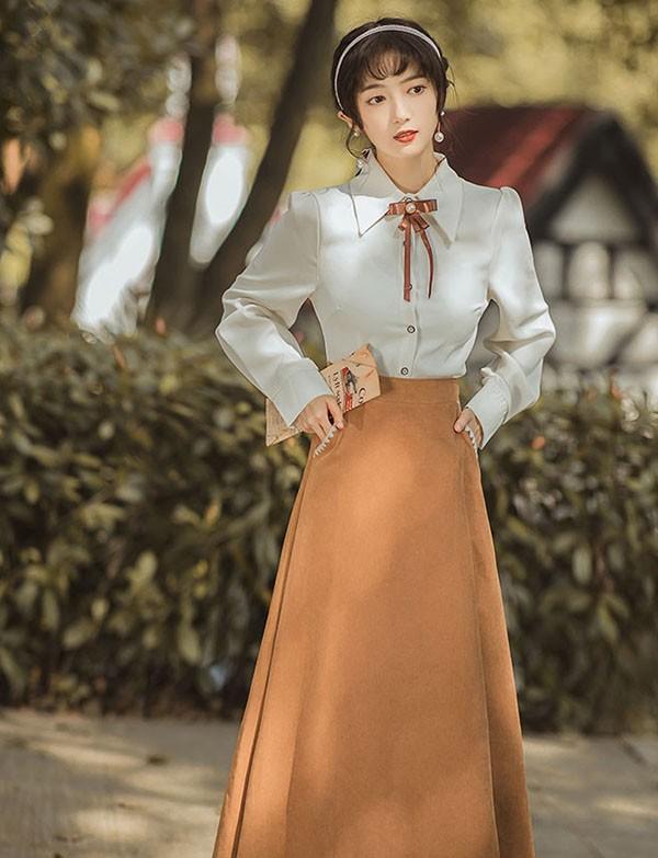 lolita cla クラロリ 日常 フレアスカート ベスト シャツ レディース ロング ジャンスカ クラシック レトロロングスカート 大人 可愛い ベージュ S M L XL dr130t2t2l9_9