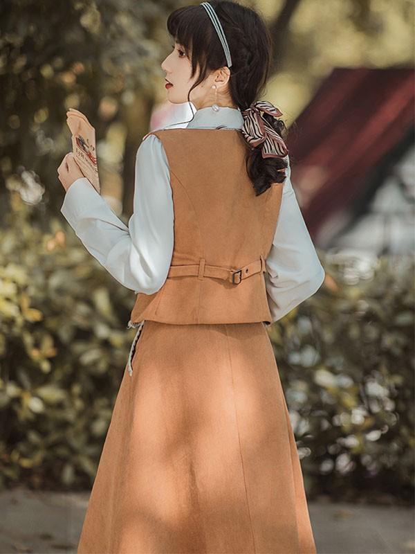 lolita cla クラロリ 日常 フレアスカート ベスト シャツ レディース ロング ジャンスカ クラシック レトロロングスカート 大人 可愛い ベージュ S M L XL dr130t2t2l9_10