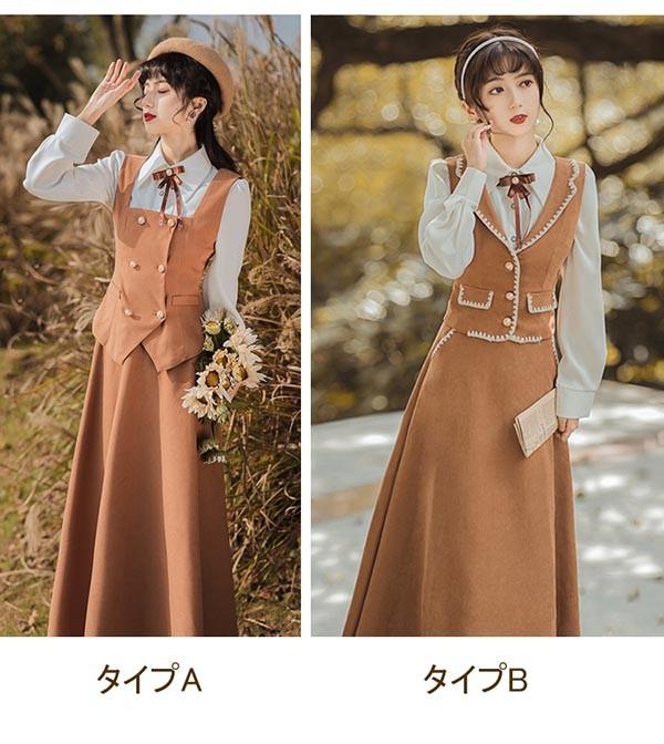 lolita cla クラロリ 日常 フレアスカート ベスト シャツ レディース ロング ジャンスカ クラシック レトロロングスカート 大人 可愛い ベージュ S M L XL dr130t2t2l9_1