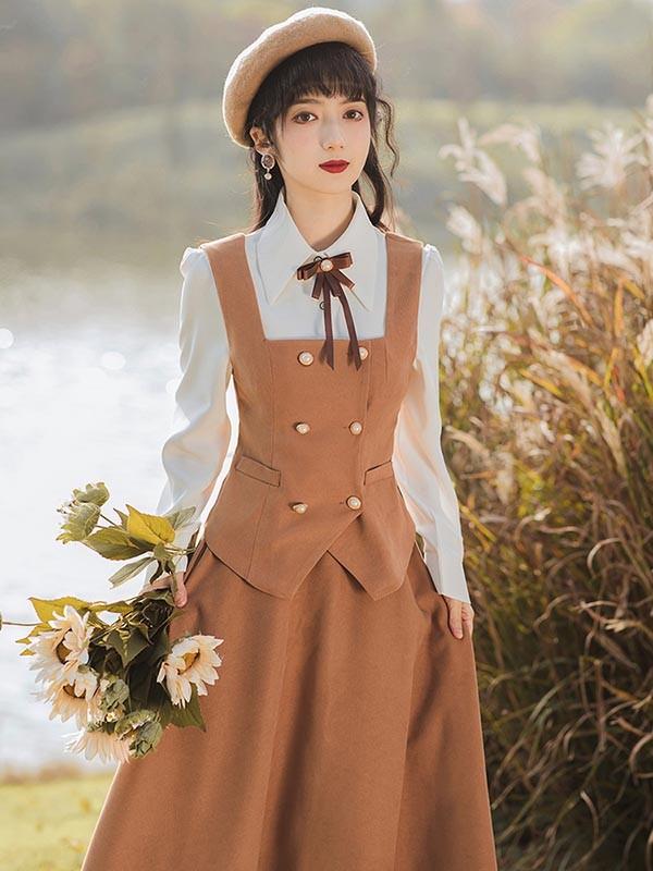 lolita cla クラロリ 日常 フレアスカート ベスト シャツ レディース ロング ジャンスカ クラシック レトロロングスカート 大人 可愛い ベージュ S M L XL dr130t2t2l9_2