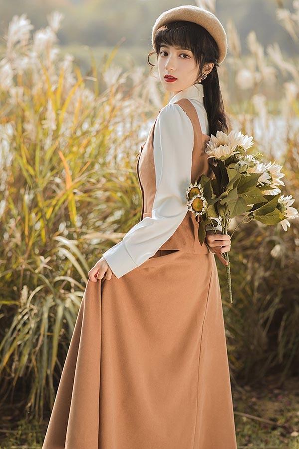 lolita cla クラロリ 日常 フレアスカート ベスト シャツ レディース ロング ジャンスカ クラシック レトロロングスカート 大人 可愛い ベージュ S M L XL dr130t2t2l9_3