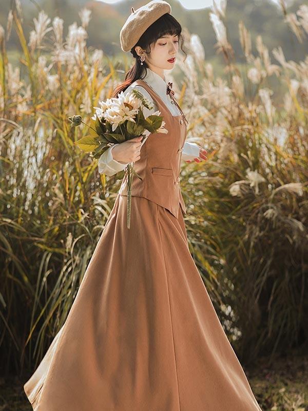lolita cla クラロリ 日常 フレアスカート ベスト シャツ レディース ロング ジャンスカ クラシック レトロロングスカート 大人 可愛い ベージュ S M L XL dr130t2t2l9_4