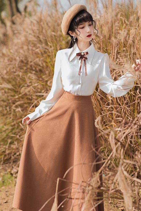 lolita cla クラロリ 日常 フレアスカート ベスト シャツ レディース ロング ジャンスカ クラシック レトロロングスカート 大人 可愛い ベージュ S M L XL dr130t2t2l9_5