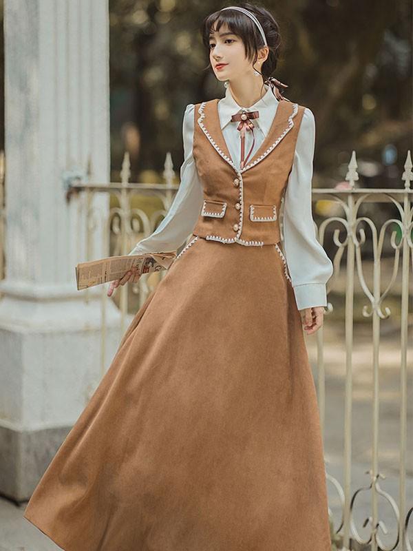 lolita cla クラロリ 日常 フレアスカート ベスト シャツ レディース ロング ジャンスカ クラシック レトロロングスカート 大人 可愛い ベージュ S M L XL dr130t2t2l9_7