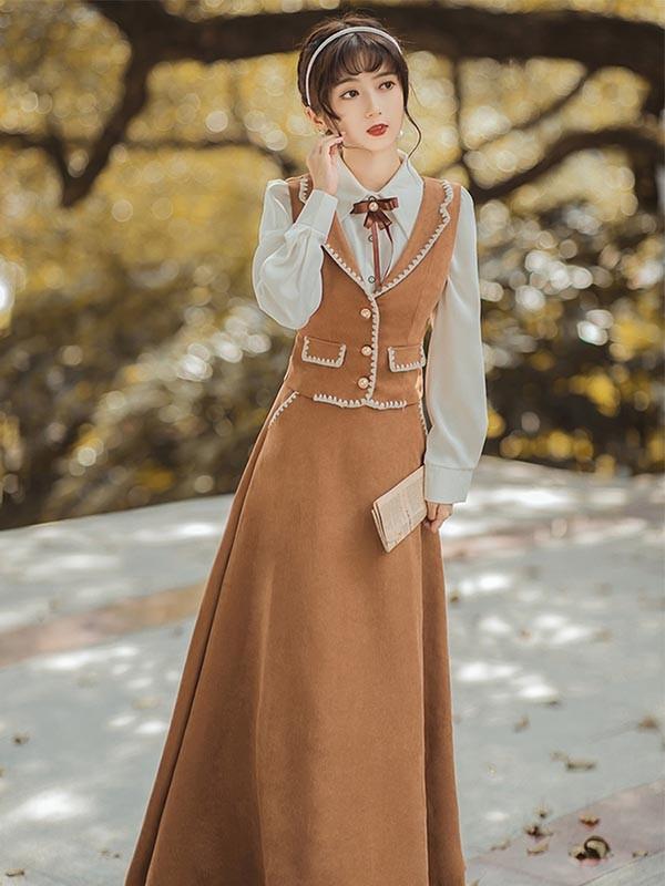 lolita cla クラロリ 日常 フレアスカート ベスト シャツ レディース ロング ジャンスカ クラシック レトロロングスカート 大人 可愛い ベージュ S M L XL dr130t2t2l9_8
