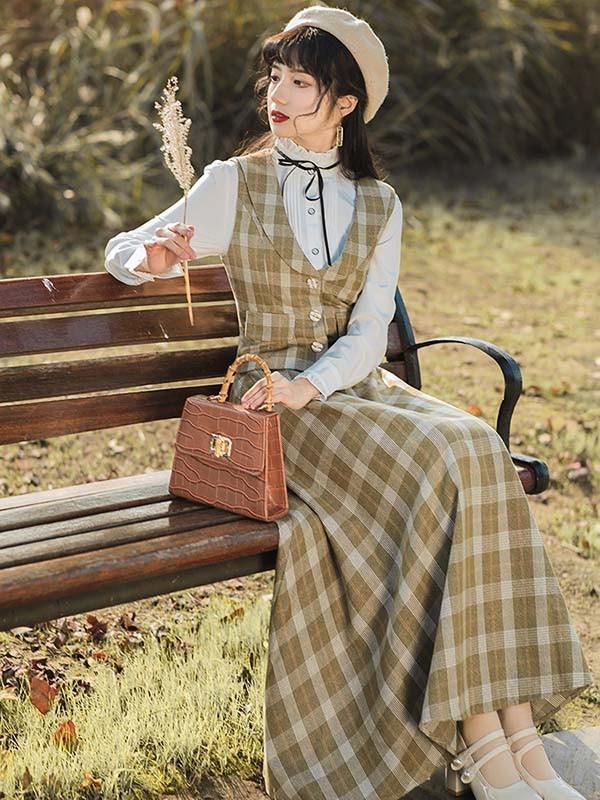 クラシック フレアスカート ベスト シャツ スタンドカラー クラロリ ロリータ 日常 レディース ロング チェック柄 ジャンスカ lolita cla レトロロングスカート 大人 可愛い ベージュ S M L XL_1
