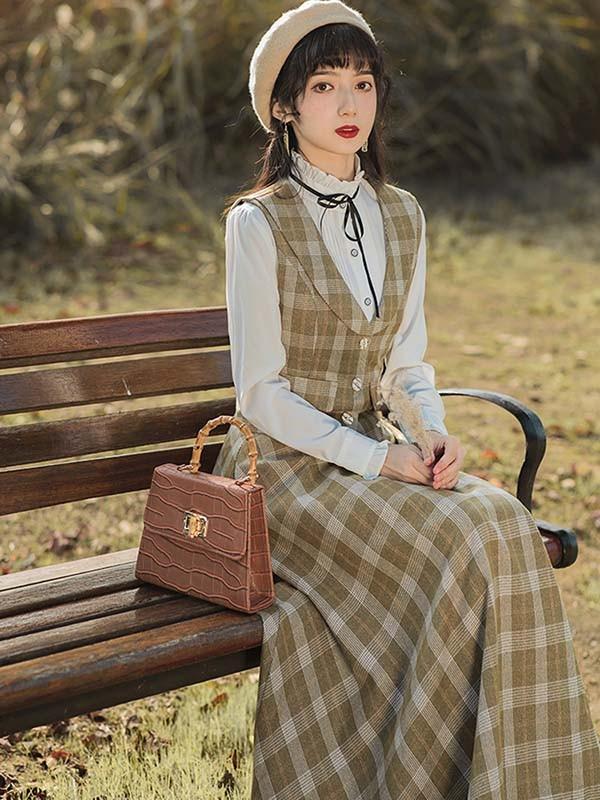 クラシック フレアスカート ベスト シャツ スタンドカラー クラロリ ロリータ 日常 レディース ロング チェック柄 ジャンスカ lolita cla レトロロングスカート 大人 可愛い ベージュ S M L XL_2