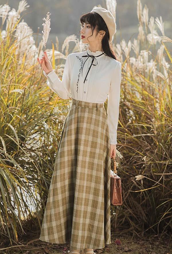 クラシック フレアスカート ベスト シャツ スタンドカラー クラロリ ロリータ 日常 レディース ロング チェック柄 ジャンスカ lolita cla レトロロングスカート 大人 可愛い ベージュ S M L XL_3