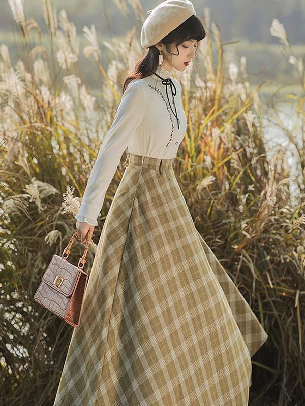 クラシック フレアスカート ベスト シャツ スタンドカラー クラロリ ロリータ 日常 レディース ロング チェック柄 ジャンスカ lolita cla レトロロングスカート 大人 可愛い ベージュ S M L XL_4