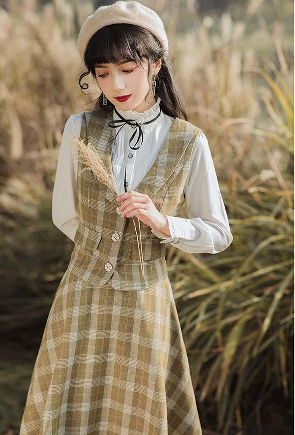 クラシック フレアスカート ベスト シャツ スタンドカラー クラロリ ロリータ 日常 レディース ロング チェック柄 ジャンスカ lolita cla レトロロングスカート 大人 可愛い ベージュ S M L XL_5