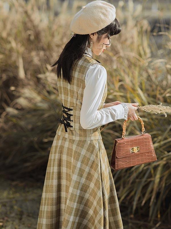 クラシック フレアスカート ベスト シャツ スタンドカラー クラロリ ロリータ 日常 レディース ロング チェック柄 ジャンスカ lolita cla レトロロングスカート 大人 可愛い ベージュ S M L XL_7