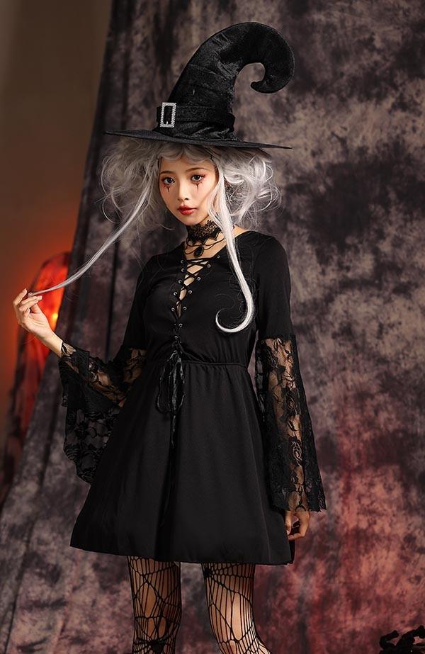1673※momokodoll服※ゴシック魔女のロングドレス＆魔女帽子 魔女 ゴシック cosplay ハロウィン 衣装 可愛い Halloween ワンピース