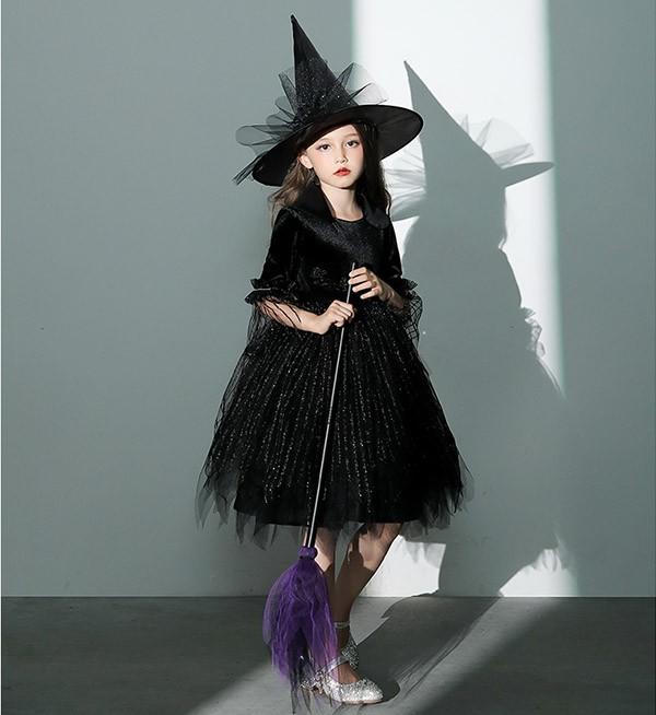 【送料無料】コスプレ 衣装 キッズ 子供服 ハロウィン 魔女 ウィッチ 女の子 ワンピース パフスリーブ 長袖 帽子 ひざ丈 黒魔女 ヴィランズ コスプレ衣装 コスチューム 可愛い パーティ イベン 仮装 ブラック 100 110 120 130 140 150 160_5