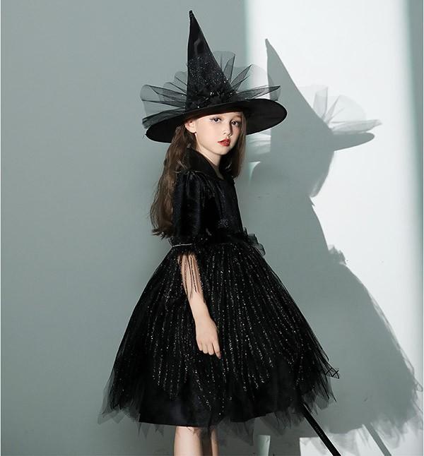 【送料無料】コスプレ 衣装 キッズ 子供服 ハロウィン 魔女 ウィッチ 女の子 ワンピース パフスリーブ 長袖 帽子 ひざ丈 黒魔女 ヴィランズ コスプレ衣装 コスチューム 可愛い パーティ イベン 仮装 ブラック 100 110 120 130 140 150 160_6