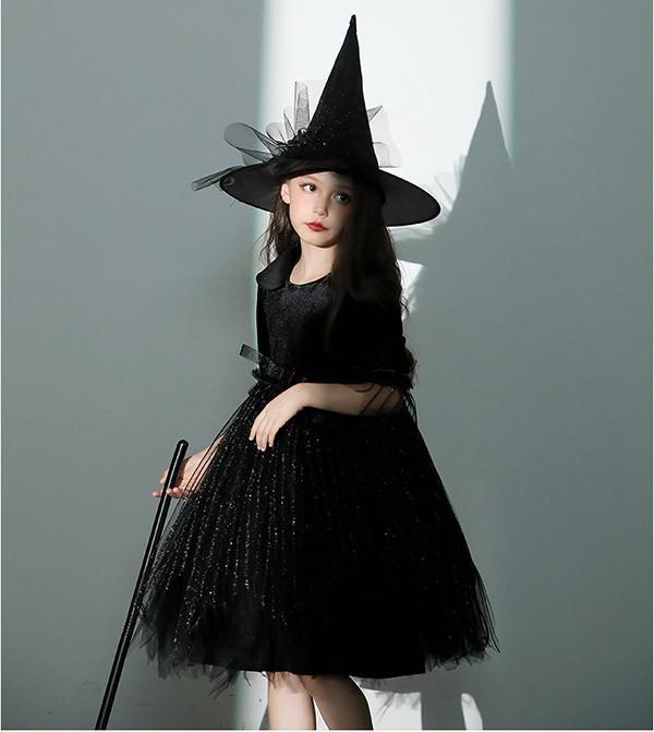 【送料無料】コスプレ 衣装 キッズ 子供服 ハロウィン 魔女 ウィッチ 女の子 ワンピース パフスリーブ 長袖 帽子 ひざ丈 黒魔女 ヴィランズ コスプレ衣装 コスチューム 可愛い パーティ イベン 仮装 ブラック 100 110 120 130 140 150 160_7