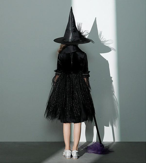 【送料無料】コスプレ 衣装 キッズ 子供服 ハロウィン 魔女 ウィッチ 女の子 ワンピース パフスリーブ 長袖 帽子 ひざ丈 黒魔女 ヴィランズ コスプレ衣装 コスチューム 可愛い パーティ イベン 仮装 ブラック 100 110 120 130 140 150 160_8