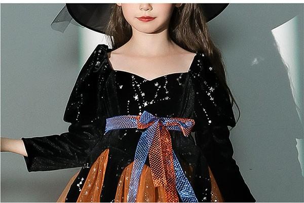 【送料無料】コスプレ 衣装 キッズ 子供服 ハロウィン 魔女 ウィッチ 女の子 ワンピース パフスリーブ 長袖 帽子 スイートハートネック ミニ丈 キラキラ ヴィランズ コスプレ衣装 コスチューム 可愛い パーティ イベン 仮装 ブラック オレンジ_2