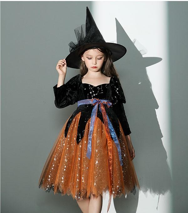 【送料無料】コスプレ 衣装 キッズ 子供服 ハロウィン 魔女 ウィッチ 女の子 ワンピース パフスリーブ 長袖 帽子 スイートハートネック ミニ丈 キラキラ ヴィランズ コスプレ衣装 コスチューム 可愛い パーティ イベン 仮装 ブラック オレンジ_4