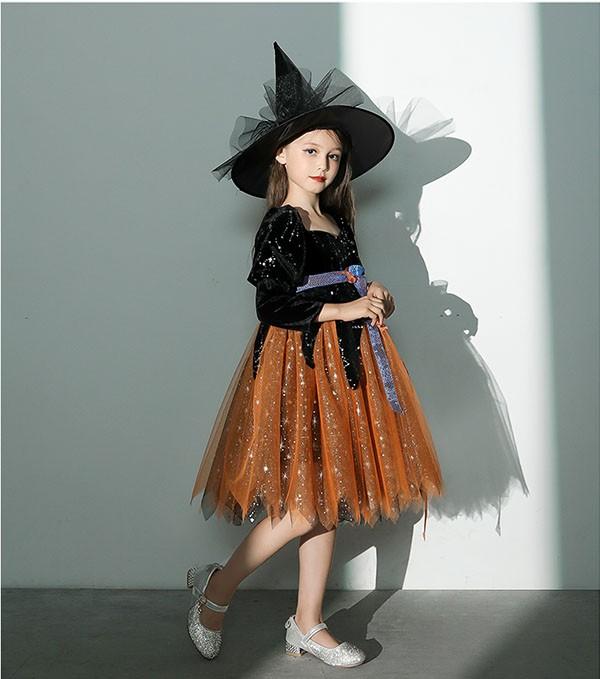 【送料無料】コスプレ 衣装 キッズ 子供服 ハロウィン 魔女 ウィッチ 女の子 ワンピース パフスリーブ 長袖 帽子 スイートハートネック ミニ丈 キラキラ ヴィランズ コスプレ衣装 コスチューム 可愛い パーティ イベン 仮装 ブラック オレンジ_5