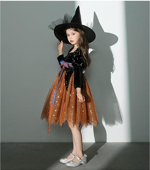 【送料無料】コスプレ 衣装 キッズ 子供服 ハロウィン 魔女 ウィッチ 女の子 ワンピース パフスリーブ 長袖 帽子 スイートハートネック ミニ丈 キラキラ ヴィランズ コスプレ衣装 コスチューム 可愛い パーティ イベン 仮装 ブラック オレンジ_6