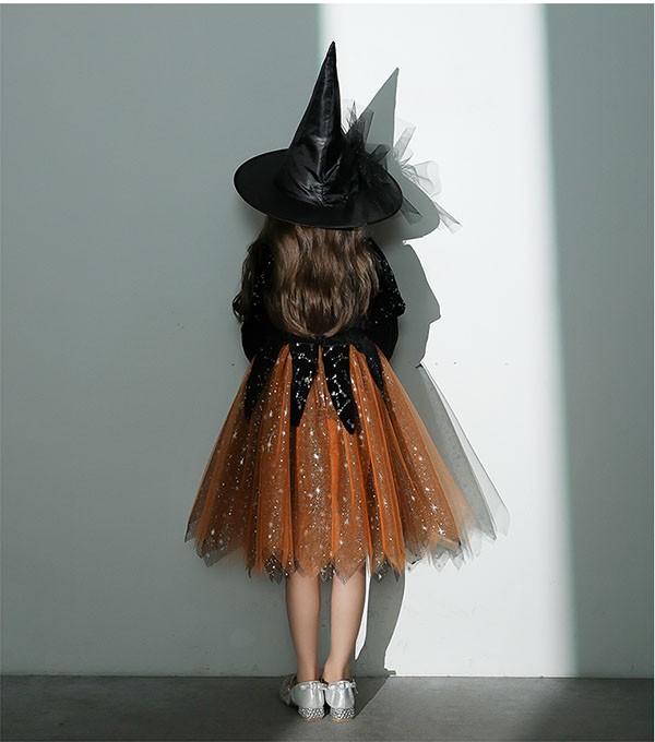 【送料無料】コスプレ 衣装 キッズ 子供服 ハロウィン 魔女 ウィッチ 女の子 ワンピース パフスリーブ 長袖 帽子 スイートハートネック ミニ丈 キラキラ ヴィランズ コスプレ衣装 コスチューム 可愛い パーティ イベン 仮装 ブラック オレンジ_7