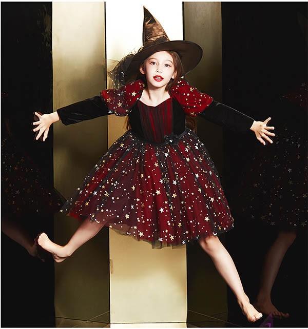 【送料無料】コスプレ 衣装 キッズ 子供服 ハロウィン 魔女 ウィッチ 女の子 ワンピース パフスリーブ 長袖 帽子 キラキラ ミニ丈 ヴィランズ コスチューム 可愛い パーティ イベン 仮装 ブラック オレンジ 100 110 120 130 140 150 160_9