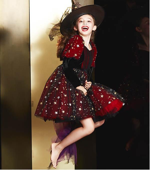 【送料無料】コスプレ 衣装 キッズ 子供服 ハロウィン 魔女 ウィッチ 女の子 ワンピース パフスリーブ 長袖 帽子 キラキラ ミニ丈 ヴィランズ コスチューム 可愛い パーティ イベン 仮装 ブラック オレンジ 100 110 120 130 140 150 160_1