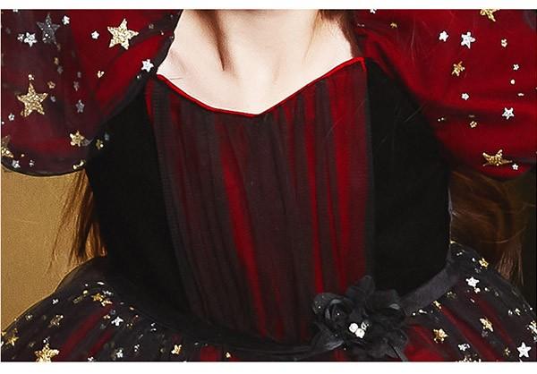 【送料無料】コスプレ 衣装 キッズ 子供服 ハロウィン 魔女 ウィッチ 女の子 ワンピース パフスリーブ 長袖 帽子 キラキラ ミニ丈 ヴィランズ コスチューム 可愛い パーティ イベン 仮装 ブラック オレンジ 100 110 120 130 140 150 160_2