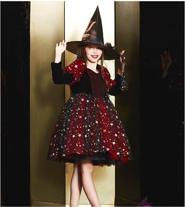 【送料無料】コスプレ 衣装 キッズ 子供服 ハロウィン 魔女 ウィッチ 女の子 ワンピース パフスリーブ 長袖 帽子 キラキラ ミニ丈 ヴィランズ コスチューム 可愛い パーティ イベン 仮装 ブラック オレンジ 100 110 120 130 140 150 160_5