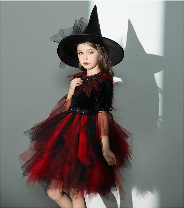 【送料無料】コスプレ 衣装 キッズ 子供服 ハロウィン 魔女 ウィッチ 女の子 ワンピース 長袖 帽子 イレギュラーヘム ミニ丈 ヴィランズ コスプレ衣装 コスチューム 可愛い パーティ イベン 仮装 ブラック オレンジ 100 110 120 130 140 150 160_1
