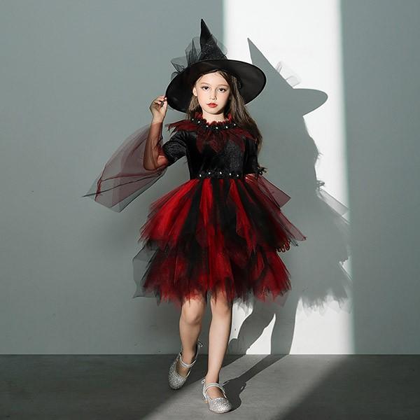 【送料無料】コスプレ 衣装 キッズ 子供服 ハロウィン 魔女 ウィッチ 女の子 ワンピース 長袖 帽子 イレギュラーヘム ミニ丈 ヴィランズ コスプレ衣装 コスチューム 可愛い パーティ イベン 仮装 ブラック オレンジ 100 110 120 130 140 150 160_4