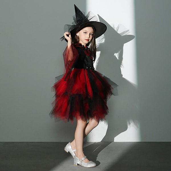 【送料無料】コスプレ 衣装 キッズ 子供服 ハロウィン 魔女 ウィッチ 女の子 ワンピース 長袖 帽子 イレギュラーヘム ミニ丈 ヴィランズ コスプレ衣装 コスチューム 可愛い パーティ イベン 仮装 ブラック オレンジ 100 110 120 130 140 150 160_5